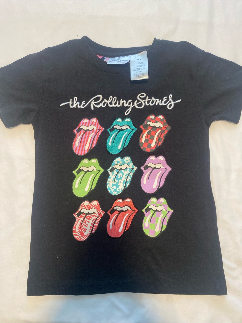 Rolling Stones Black Graphic T-Shirt Multicolor Tongue Logos Youth Size M 8